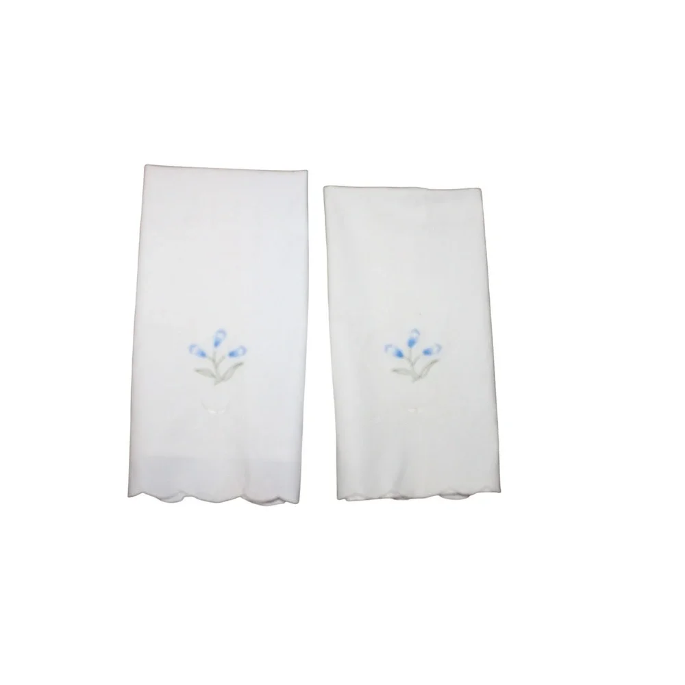 Set of 2 Vintage Hand Towels Blue Floral Embroidery, Scalloped Edge